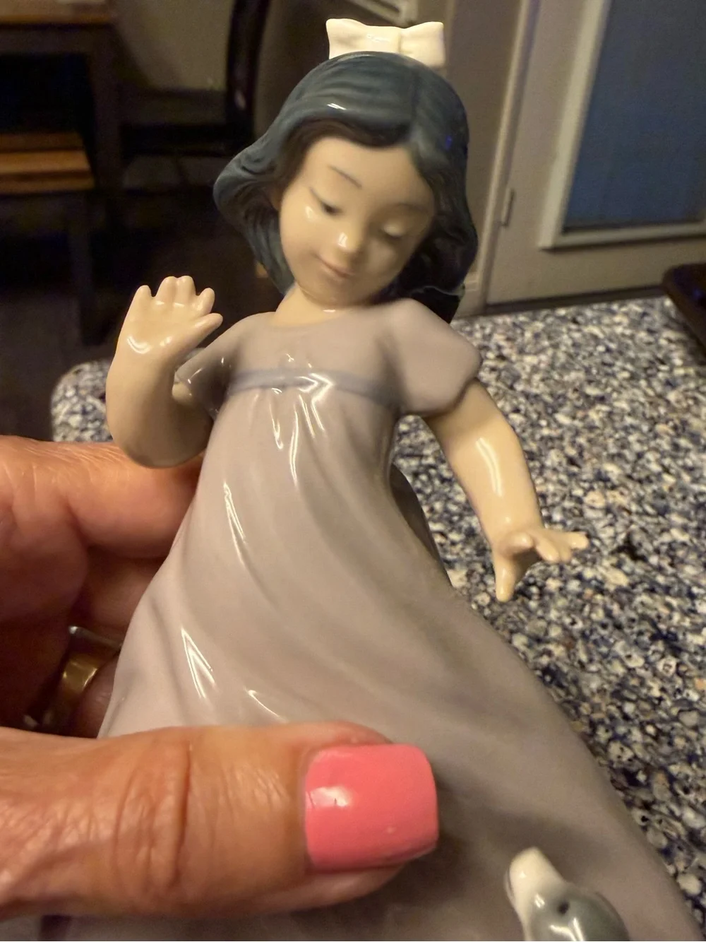 Lladro Nao Porcelain Girl with puppy. Blue and Gray soft colors.  6.75 inches.